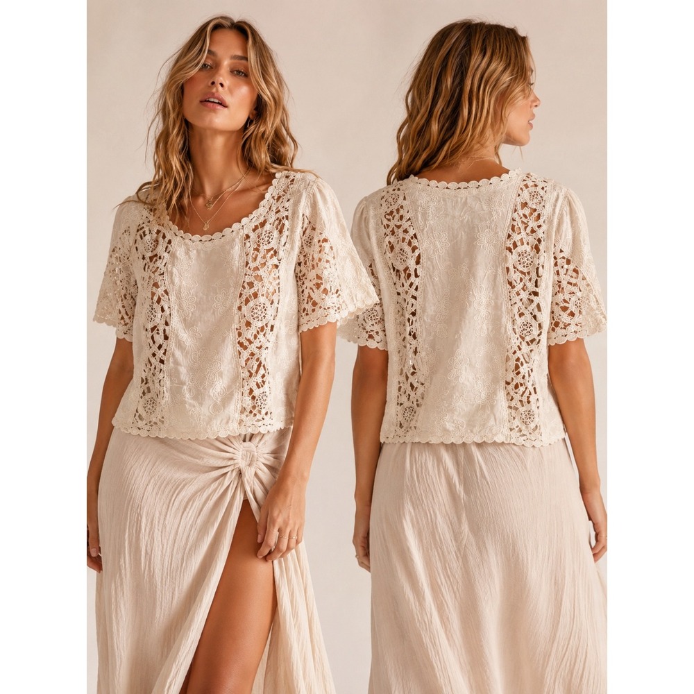 Selected Group‎ Crochet Top Womens OS Beige Excellent Bohemian Cottagecore Lace